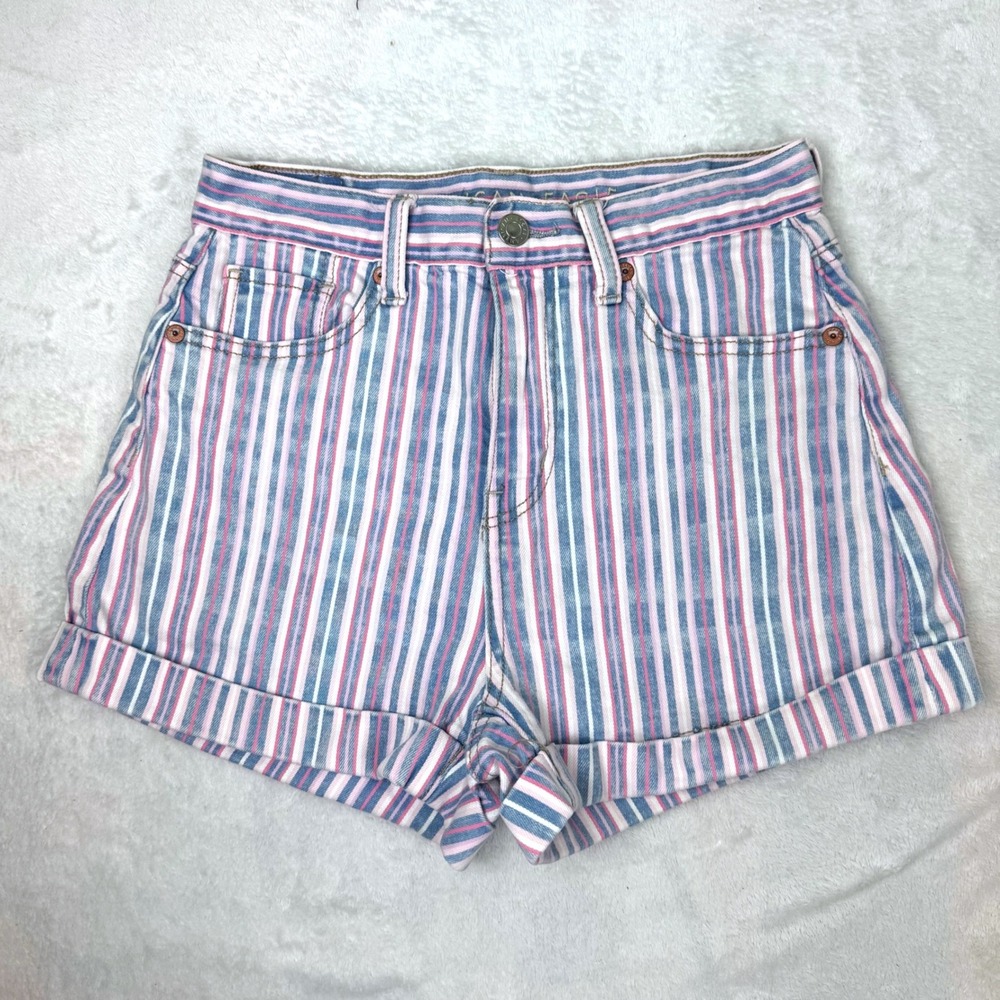 American Eagle Striped Denim Shorts Womens 00 Pink Blue White High Rise Stretch